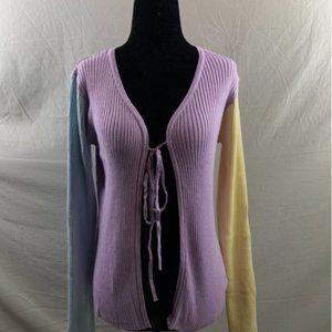 NWT Rib Knit Tie Front Color Block Cardigan